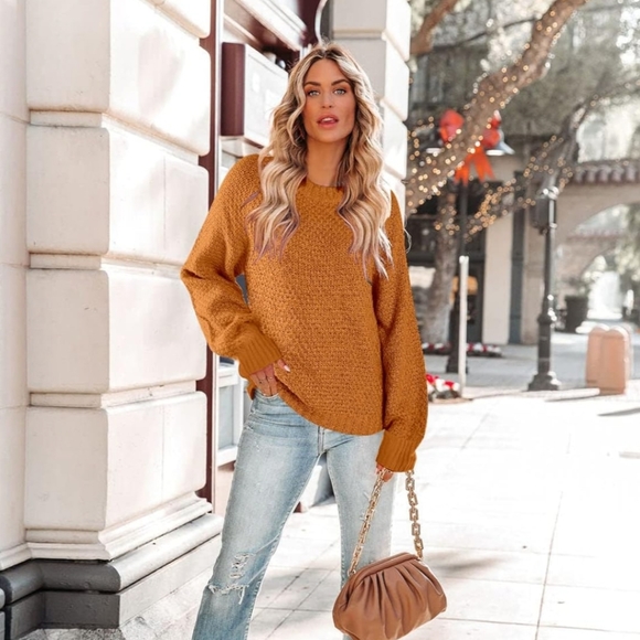 Women's Thick Knitted Orange Sweater with Round Neck - Picture 3 of 15